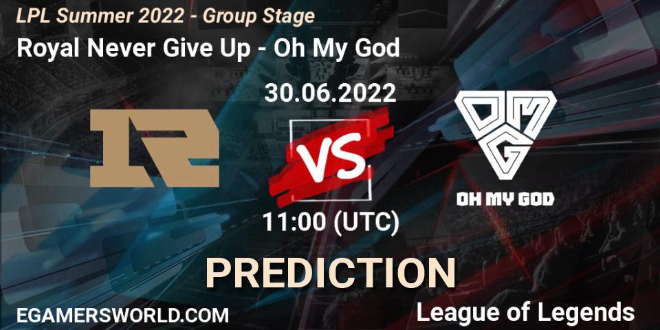 Prognoza Royal Never Give Up - Oh My God. 30.06.2022 at 11:40, LoL, LPL Summer 2022 - Group Stage