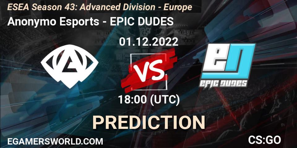 Prognoza Anonymo Esports - EPIC DUDES. 01.12.22, CS2 (CS:GO), ESEA Season 43: Advanced Division - Europe