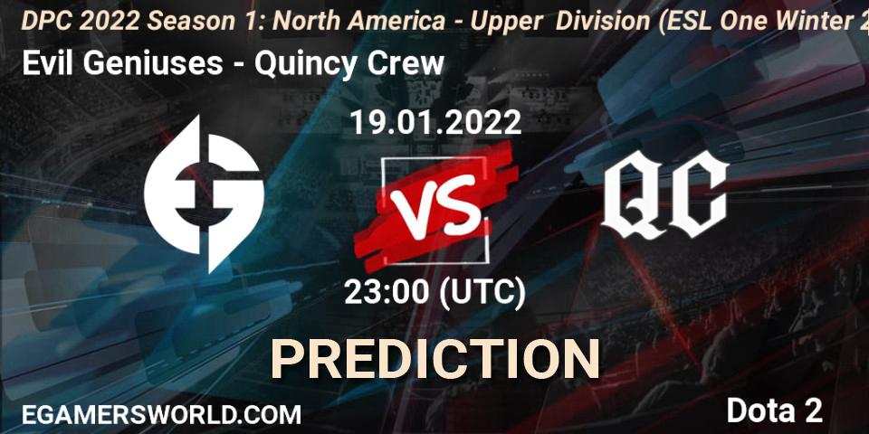 Prognoza Evil Geniuses - Quincy Crew. 19.01.2022 at 22:55, Dota 2, DPC 2022 Season 1: North America - Upper Division (ESL One Winter 2021)
