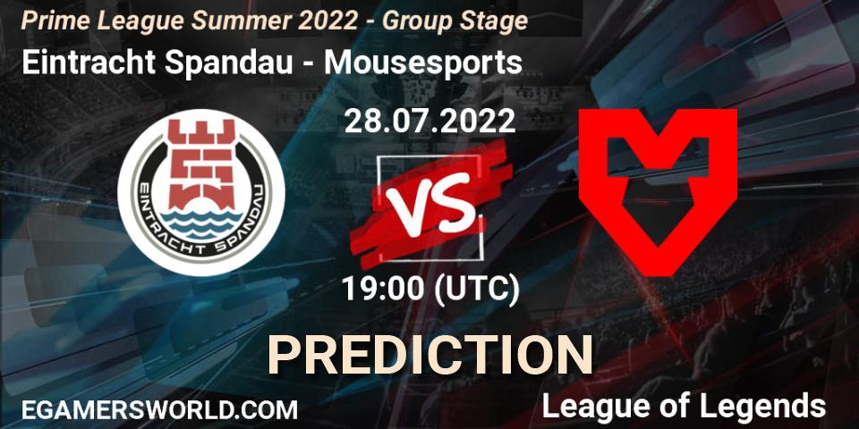 Prognoza Eintracht Spandau - Mousesports. 28.07.2022 at 19:00, LoL, Prime League Summer 2022 - Group Stage