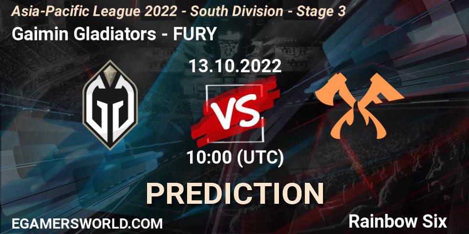 Prognoza Gaimin Gladiators - FURY. 13.10.2022 at 10:00, Rainbow Six, Asia-Pacific League 2022 - South Division - Stage 3