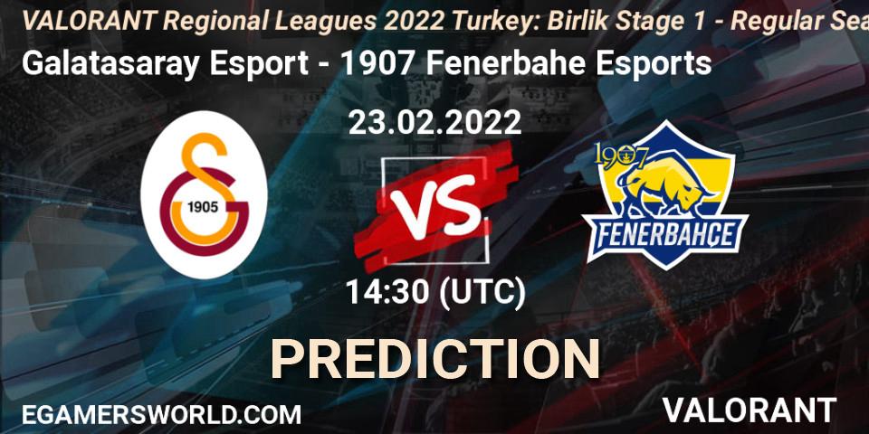 Prognoza Galatasaray Esport - 1907 Fenerbahçe Esports. 23.02.2022 at 14:45, VALORANT, VALORANT Regional Leagues 2022 Turkey: Birlik Stage 1 - Regular Season
