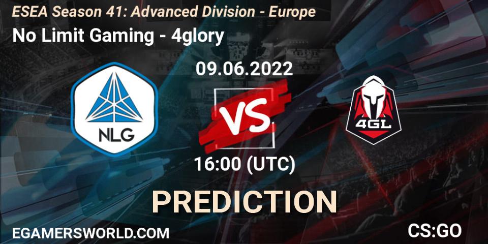 Prognoza No Limit Gaming - 4glory. 09.06.2022 at 16:00, Counter-Strike (CS2), ESEA Season 41: Advanced Division - Europe
