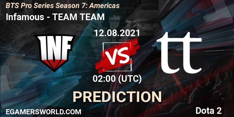Prognoza Infamous - TEAM TEAM. 12.08.2021 at 03:51, Dota 2, BTS Pro Series Season 7: Americas