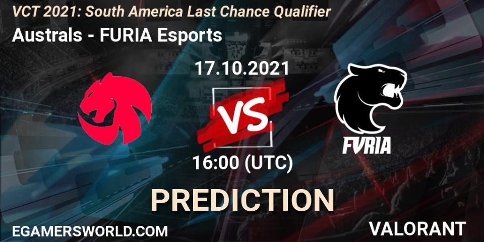 Prognoza Australs - FURIA Esports. 17.10.2021 at 16:00, VALORANT, VCT 2021: South America Last Chance Qualifier