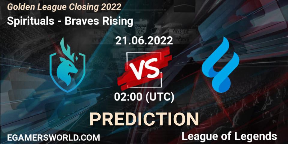 Prognoza Spirituals - Braves Rising. 21.06.2022 at 02:00, LoL, Golden League Closing 2022