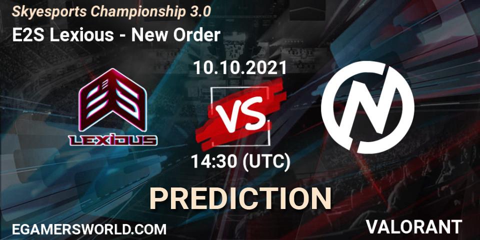 Prognoza E2S Lexious - New Order. 10.10.2021 at 14:30, VALORANT, Skyesports Championship 3.0