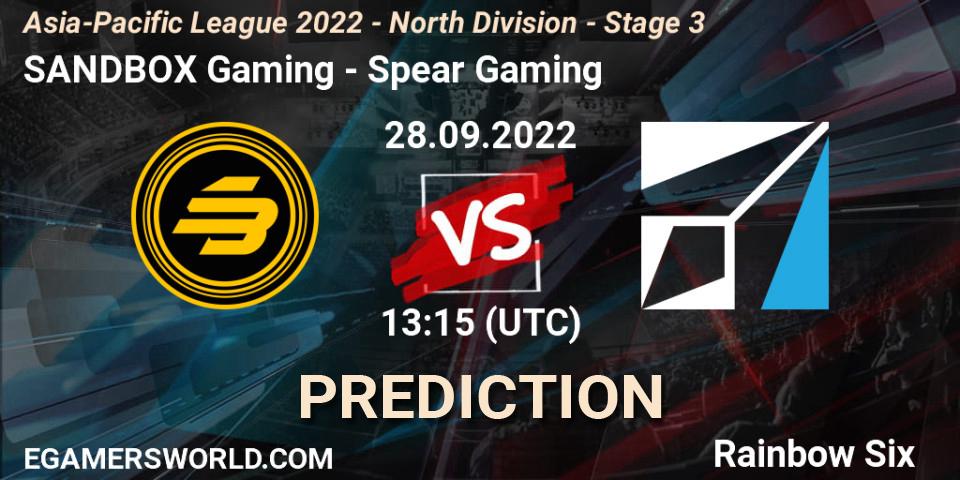 Prognoza SANDBOX Gaming - Spear Gaming. 28.09.2022 at 13:15, Rainbow Six, Asia-Pacific League 2022 - North Division - Stage 3