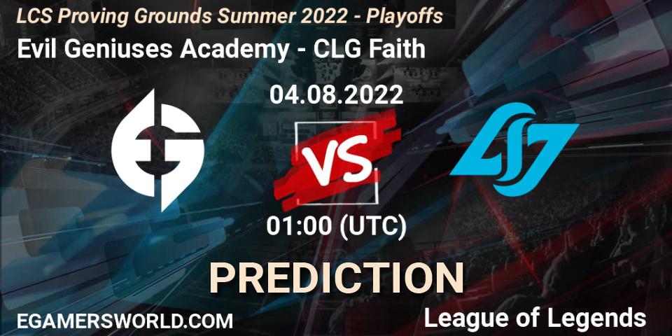 Prognoza Evil Geniuses Academy - CLG Faith. 04.08.2022 at 00:00, LoL, LCS Proving Grounds Summer 2022 - Playoffs