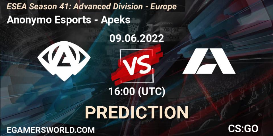 Prognoza Anonymo Esports - Apeks. 09.06.22, CS2 (CS:GO), ESEA Season 41: Advanced Division - Europe