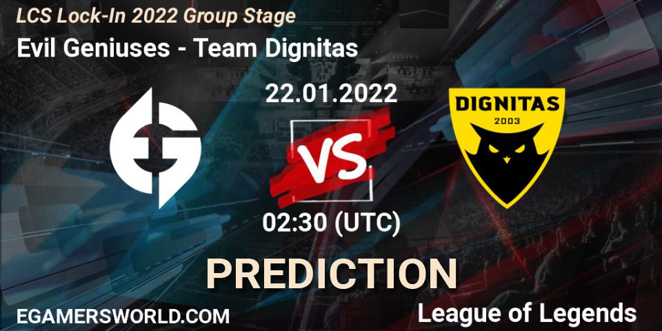 Prognoza Evil Geniuses - Team Dignitas. 22.01.2022 at 02:30, LoL, LCS Lock-In 2022 Group Stage