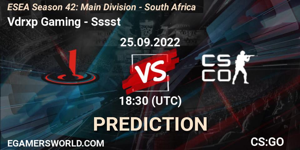 Prognoza Vdrxp Gaming - Sssst. 25.09.22, CS2 (CS:GO), ESEA Season 42: Main Division - South Africa