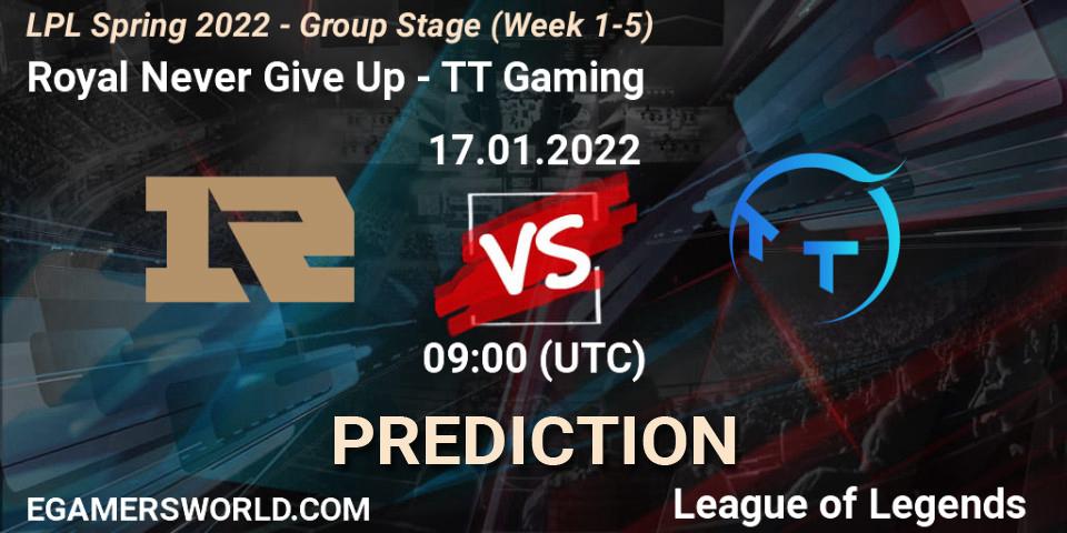 Prognoza Royal Never Give Up - TT Gaming. 17.01.2022 at 09:00, LoL, LPL Spring 2022 - Group Stage (Week 1-5)