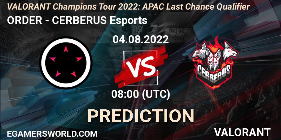 Prognoza ORDER - CERBERUS Esports. 04.08.2022 at 08:00, VALORANT, VCT 2022: APAC Last Chance Qualifier