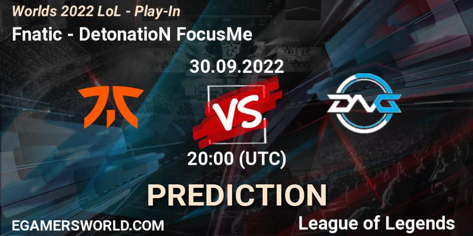 Prognoza Fnatic - DetonatioN FocusMe. 30.09.2022 at 20:00, LoL, Worlds 2022 LoL - Play-In