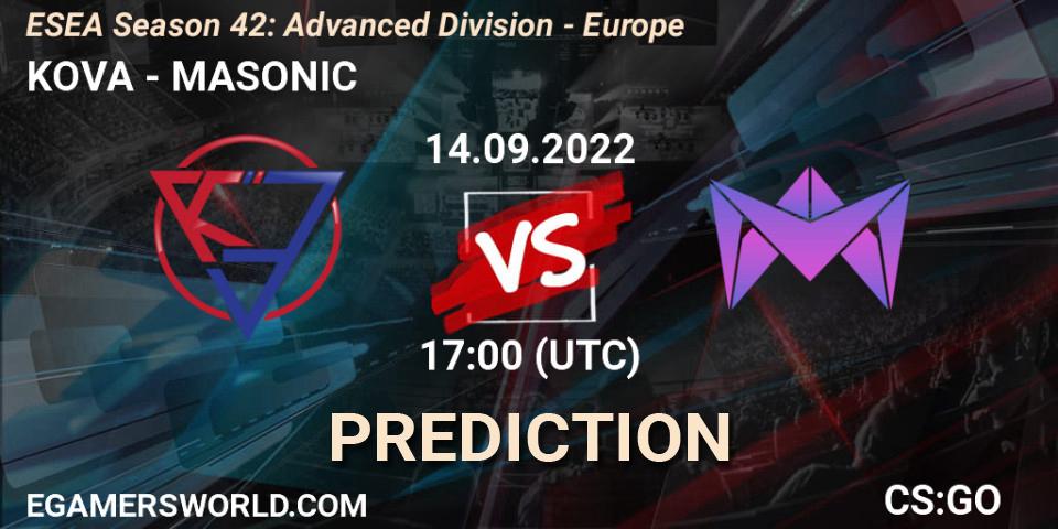 Prognoza KOVA - MASONIC. 14.09.22, CS2 (CS:GO), ESEA Season 42: Advanced Division - Europe