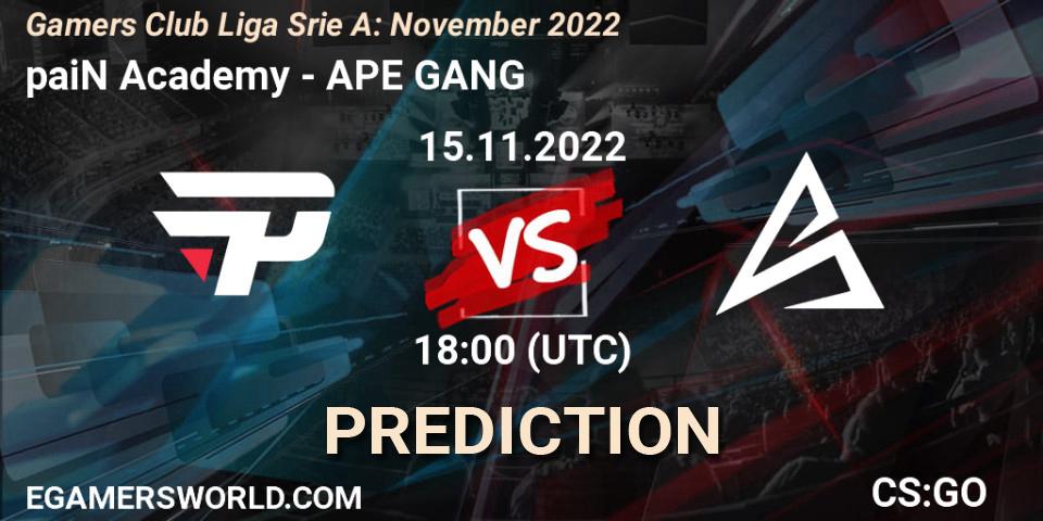 Prognoza paiN Academy - APE GANG. 15.11.2022 at 18:00, Counter-Strike (CS2), Gamers Club Liga Série A: November 2022