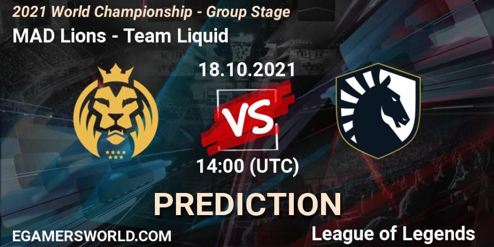 Prognoza MAD Lions - Team Liquid. 18.10.2021 at 14:10, LoL, 2021 World Championship - Group Stage