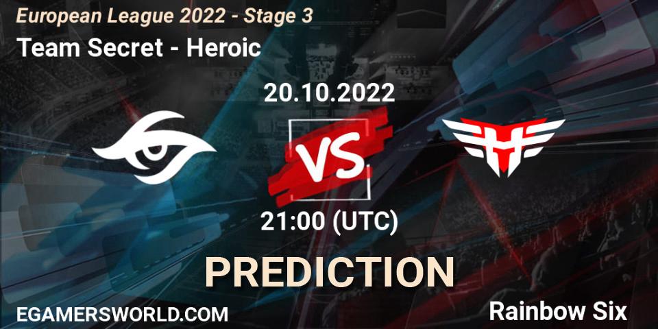 Prognoza Team Secret - Heroic. 20.10.2022 at 21:00, Rainbow Six, European League 2022 - Stage 3