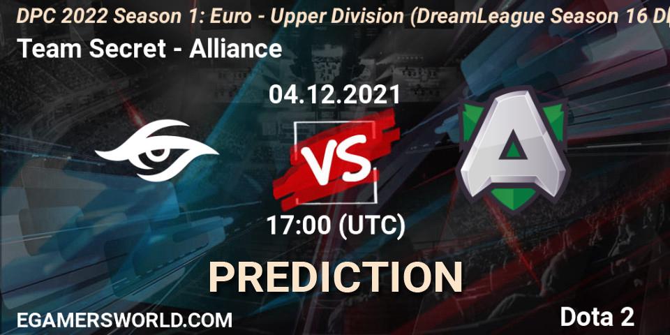Prognoza Team Secret - Alliance. 04.12.21, Dota 2, DPC 2022 Season 1: Euro - Upper Division (DreamLeague Season 16 DPC WEU)