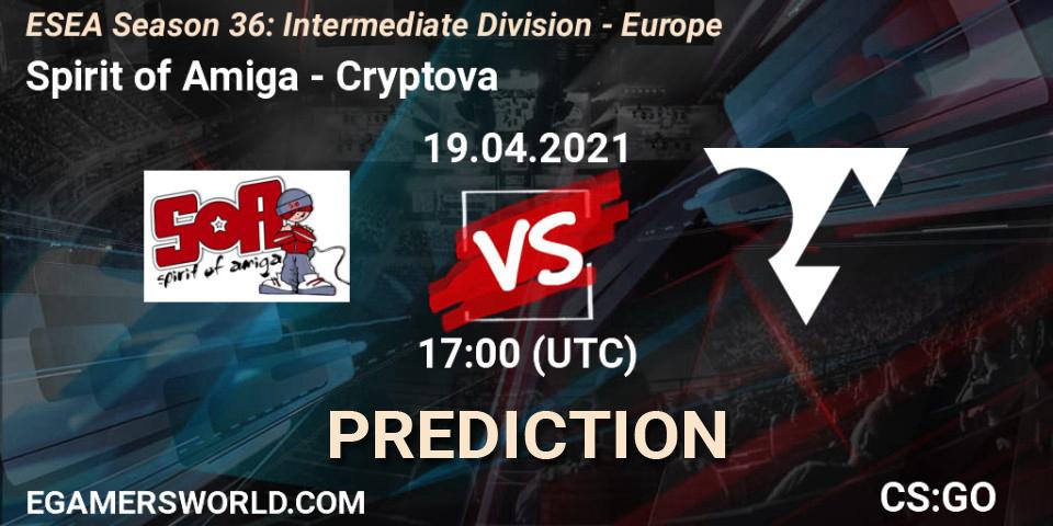 Prognoza Spirit of Amiga - Cryptova. 19.04.2021 at 17:00, Counter-Strike (CS2), ESEA Season 36: Intermediate Division - Europe