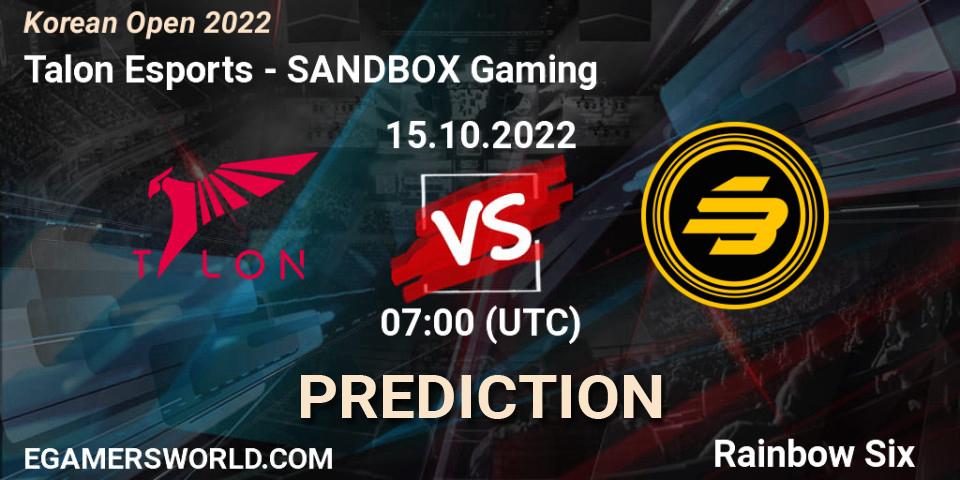 Prognoza Talon Esports - SANDBOX Gaming. 15.10.22, Rainbow Six, Korean Open 2022