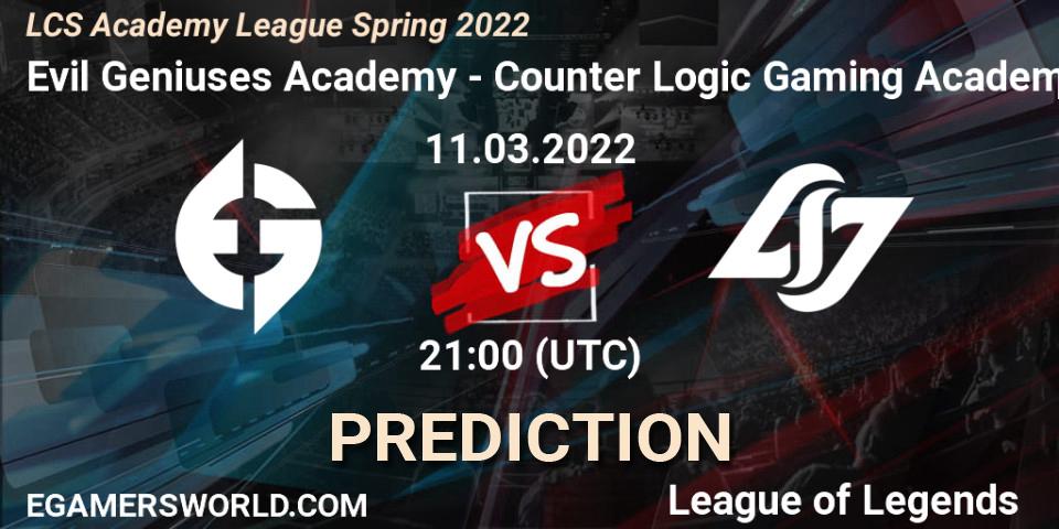 Prognoza Evil Geniuses Academy - Counter Logic Gaming Academy. 11.03.2022 at 21:00, LoL, LCS Academy League Spring 2022