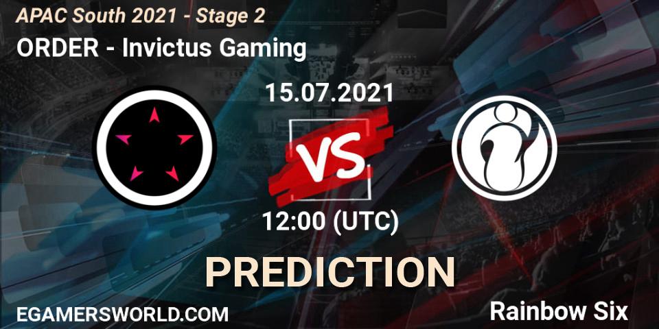 Prognoza ORDER - Invictus Gaming. 15.07.2021 at 12:00, Rainbow Six, APAC South 2021 - Stage 2