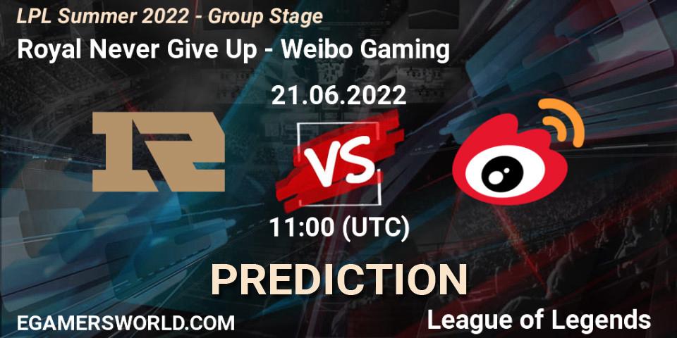 Prognoza Royal Never Give Up - Weibo Gaming. 21.06.2022 at 11:00, LoL, LPL Summer 2022 - Group Stage
