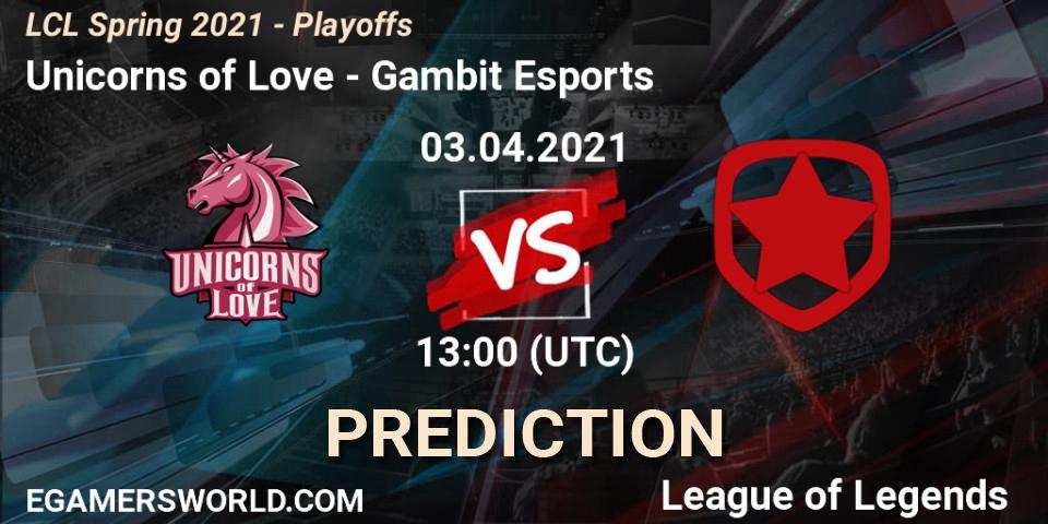 Prognoza Unicorns of Love - Gambit Esports. 03.04.21, LoL, LCL Spring 2021 - Playoffs