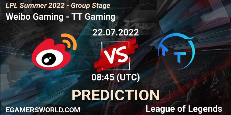 Prognoza Weibo Gaming - TT Gaming. 22.07.2022 at 09:00, LoL, LPL Summer 2022 - Group Stage