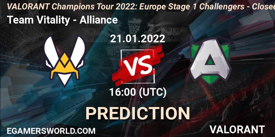 Prognoza Team Vitality - Alliance. 21.01.2022 at 16:00, VALORANT, VCT 2022: Europe Stage 1 Challengers - Closed Qualifier 2