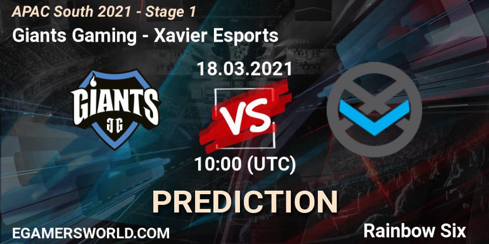 Prognoza Giants Gaming - Xavier Esports. 18.03.2021 at 11:30, Rainbow Six, APAC South 2021 - Stage 1