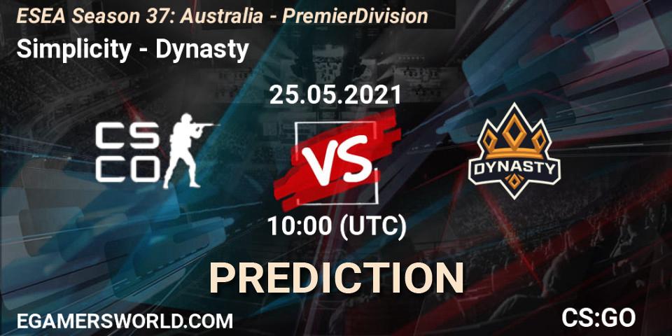 Prognoza Simplicity - Dynasty. 25.05.2021 at 10:00, Counter-Strike (CS2), ESEA Season 37: Australia - Premier Division