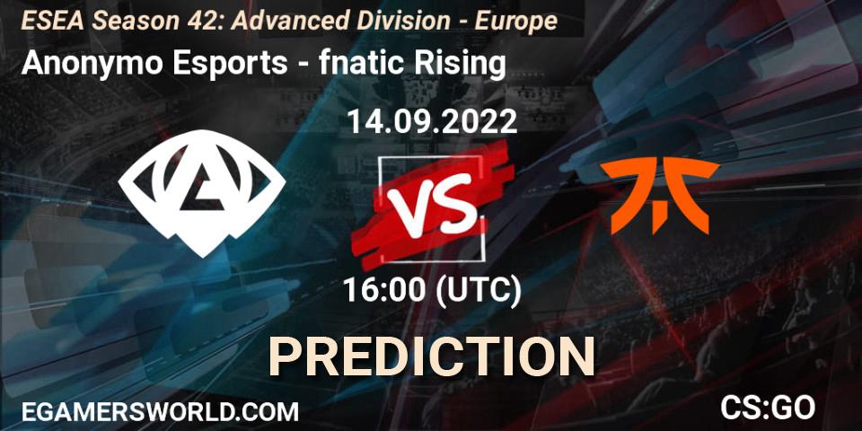 Prognoza Anonymo Esports - fnatic Rising. 14.09.2022 at 16:00, Counter-Strike (CS2), ESEA Season 42: Advanced Division - Europe