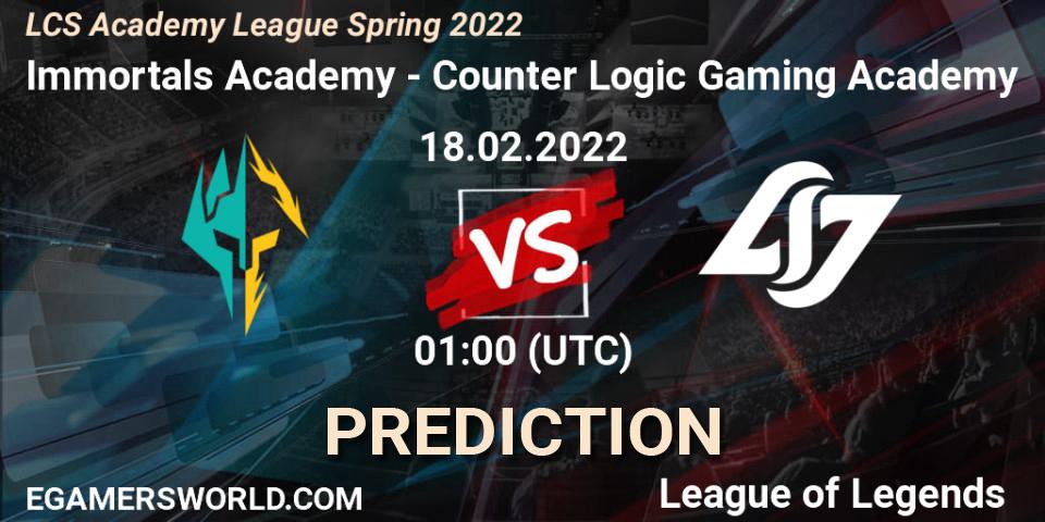 Prognoza Immortals Academy - Counter Logic Gaming Academy. 18.02.2022 at 00:50, LoL, LCS Academy League Spring 2022
