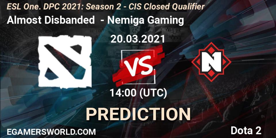 Prognoza Almost Disbanded - Nemiga Gaming. 20.03.2021 at 14:14, Dota 2, ESL One. DPC 2021: Season 2 - CIS Closed Qualifier