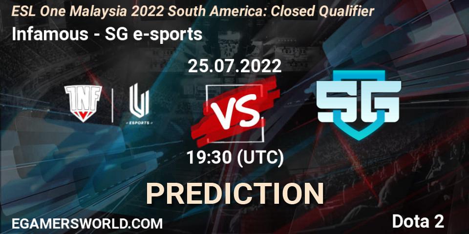 Prognoza Infamous - SG e-sports. 25.07.2022 at 19:33, Dota 2, ESL One Malaysia 2022 South America: Closed Qualifier