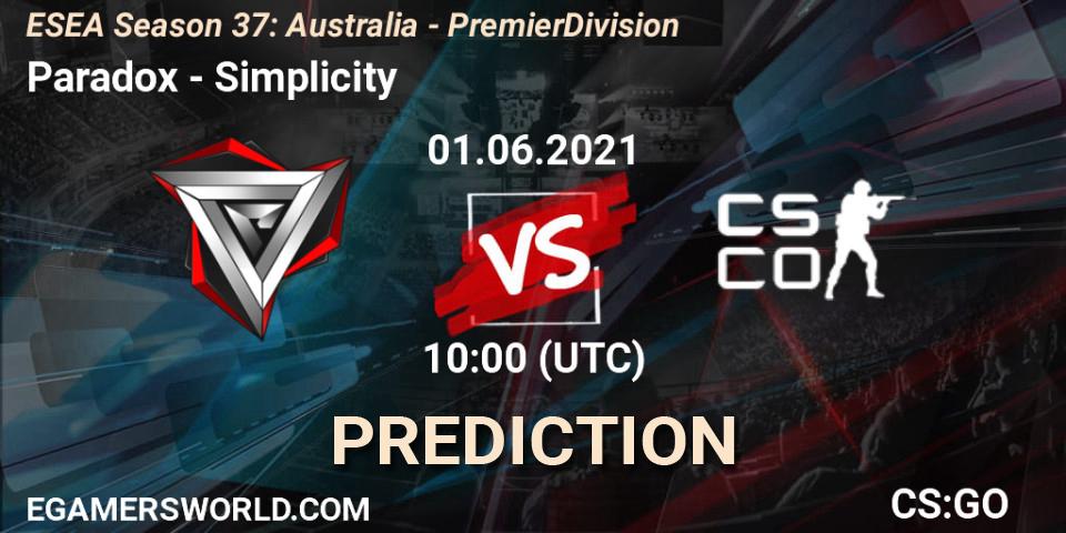 Prognoza Paradox - Simplicity. 01.06.2021 at 10:00, Counter-Strike (CS2), ESEA Season 37: Australia - Premier Division