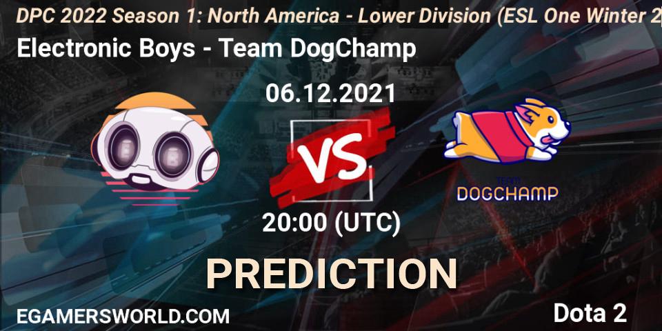 Prognoza Electronic Boys - Team DogChamp. 06.12.2021 at 19:57, Dota 2, DPC 2022 Season 1: North America - Lower Division (ESL One Winter 2021)