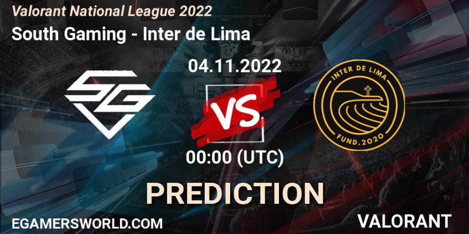 Prognoza South Gaming - Inter de Lima. 04.11.2022 at 00:00, VALORANT, Valorant National League 2022