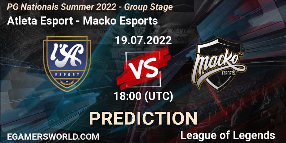 Prognoza Atleta Esport - Macko Esports. 19.07.2022 at 18:00, LoL, PG Nationals Summer 2022 - Group Stage