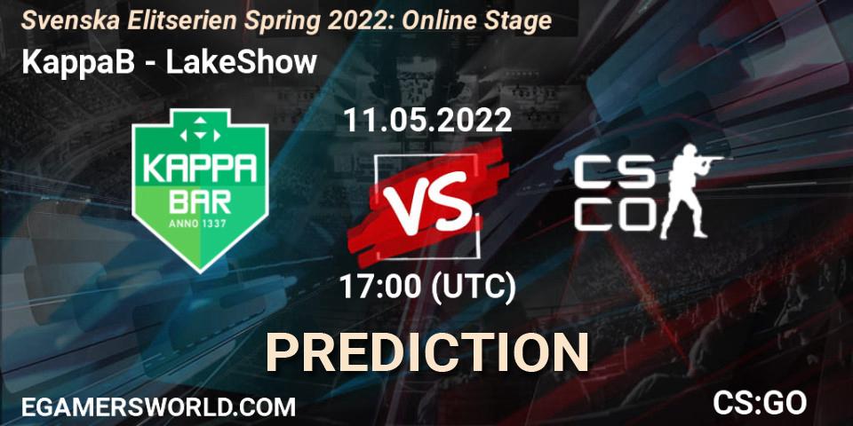 Prognoza KappaB - LakeShow. 11.05.2022 at 17:00, Counter-Strike (CS2), Svenska Elitserien Spring 2022: Online Stage