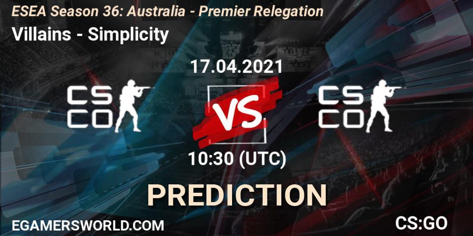 Prognoza Villains - Simplicity. 17.04.2021 at 10:30, Counter-Strike (CS2), ESEA Season 36: Australia - Premier Relegation