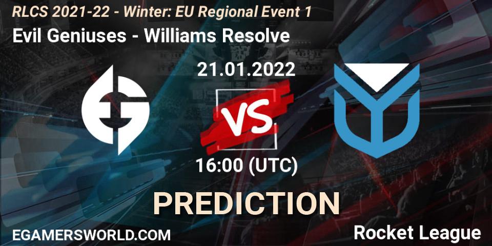 Prognoza Evil Geniuses - Williams Resolve. 21.01.2022 at 16:00, Rocket League, RLCS 2021-22 - Winter: EU Regional Event 1