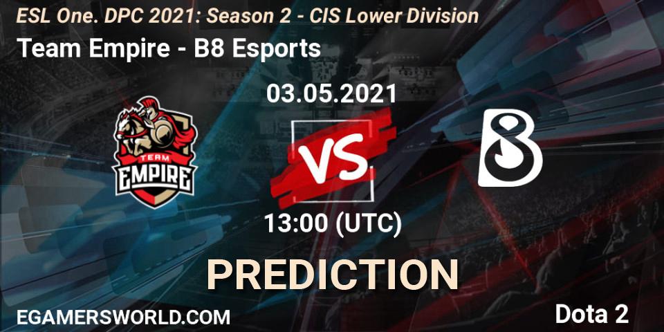 Prognoza Team Empire - B8 Esports. 03.05.2021 at 12:55, Dota 2, ESL One. DPC 2021: Season 2 - CIS Lower Division