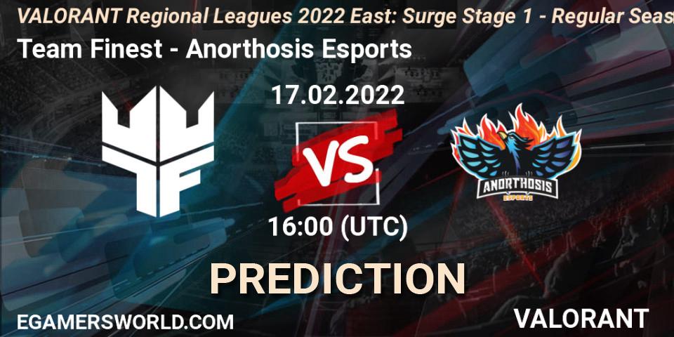 Prognoza Team Finest - Anorthosis Esports. 17.02.2022 at 16:00, VALORANT, VALORANT Regional Leagues 2022 East: Surge Stage 1 - Regular Season