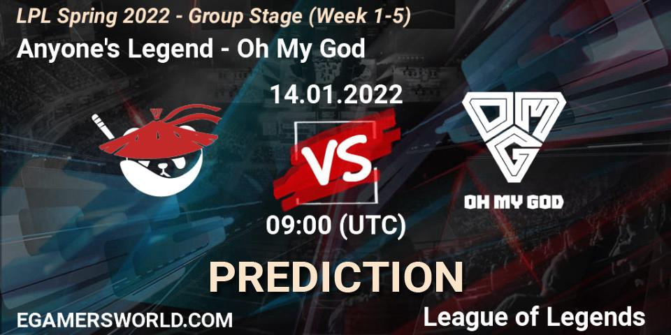 Prognoza Anyone's Legend - Oh My God. 14.01.2022 at 09:00, LoL, LPL Spring 2022 - Group Stage (Week 1-5)