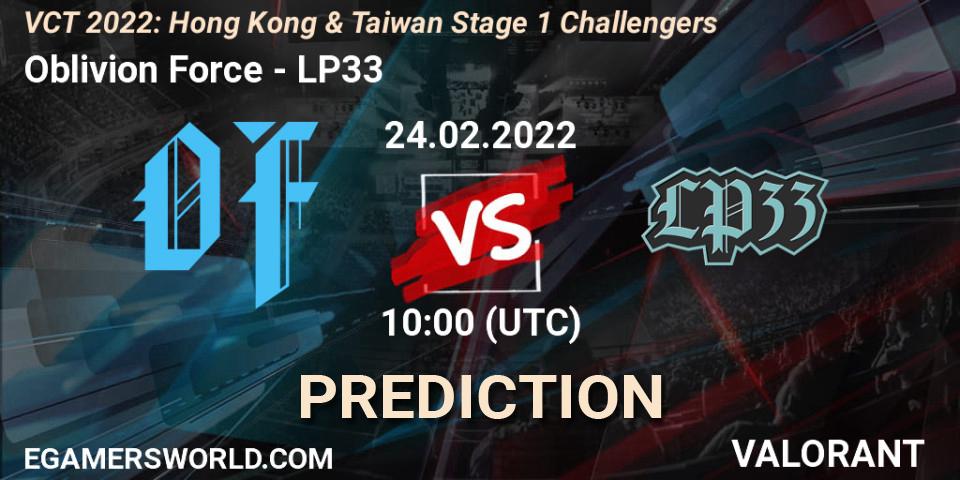 Prognoza Oblivion Force - LP33. 24.02.2022 at 10:00, VALORANT, VCT 2022: Hong Kong & Taiwan Stage 1 Challengers