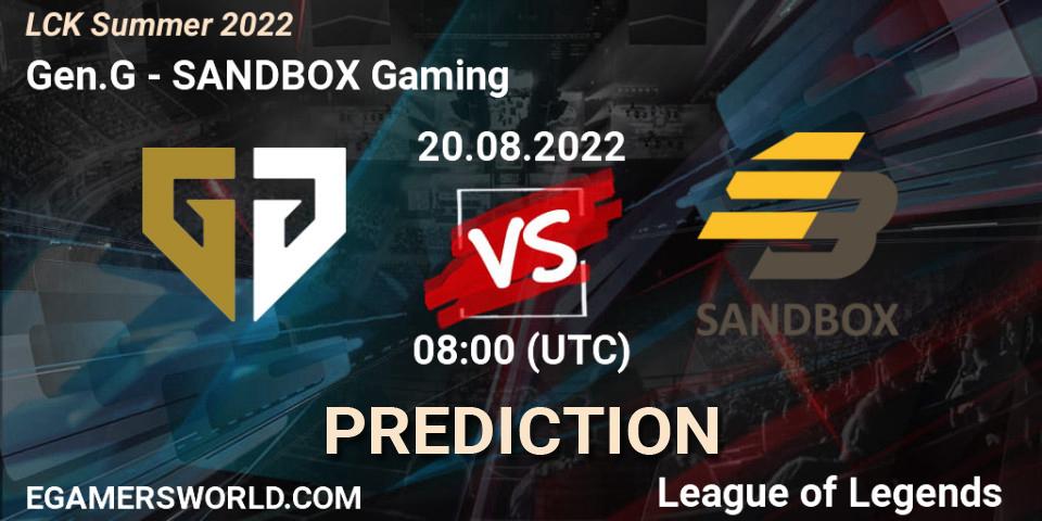 Prognoza Gen.G - SANDBOX Gaming. 20.08.2022 at 08:00, LoL, LCK Summer 2022